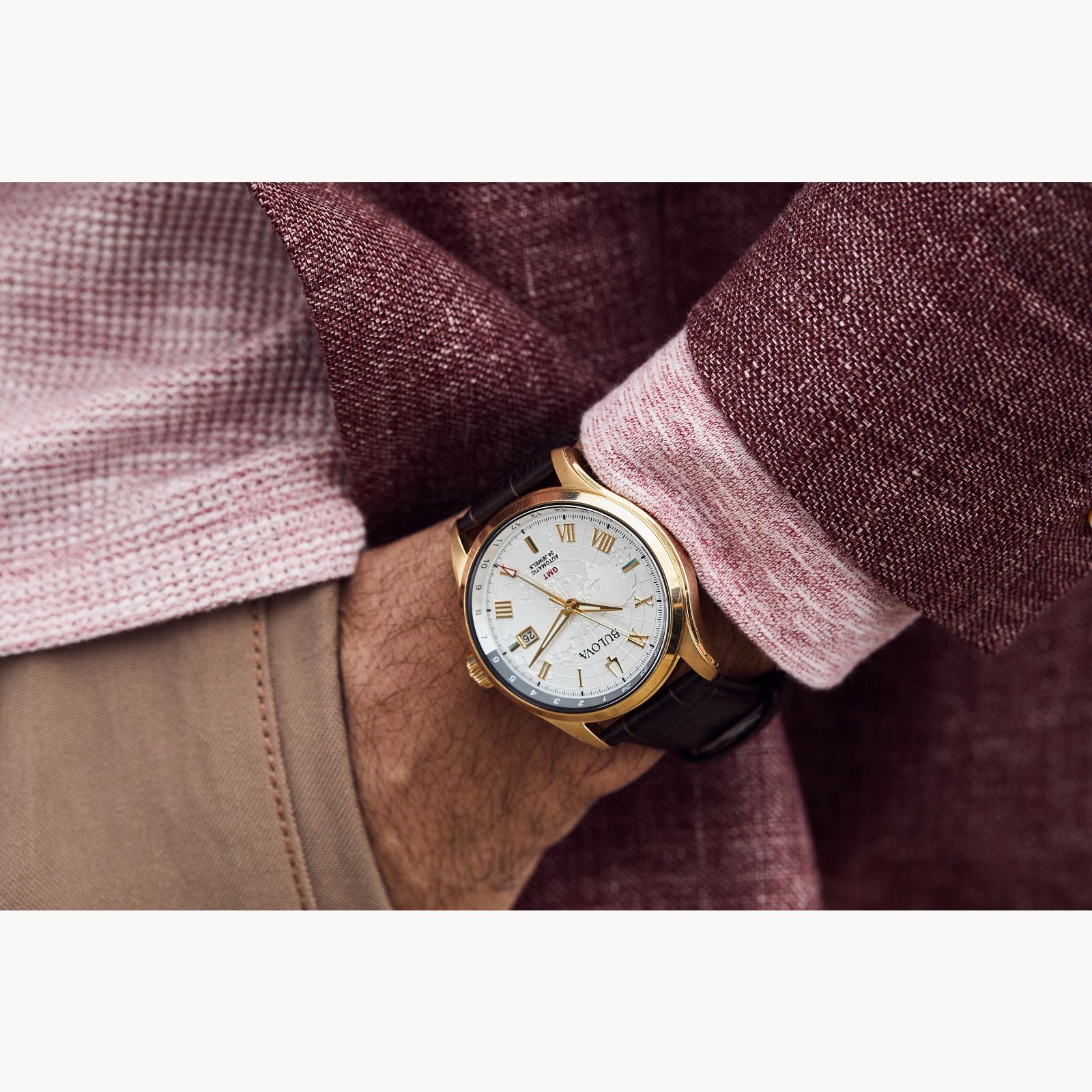 Bulova Men's Wilton GMT Gold-Tone Stainless Steel Watch with Silver Map Dial & Brown Leather Strap Bulova Men's Wilton GMT Gold-Tone Stainless Steel Watch with Silver Map Dial & Brown Leather Strap